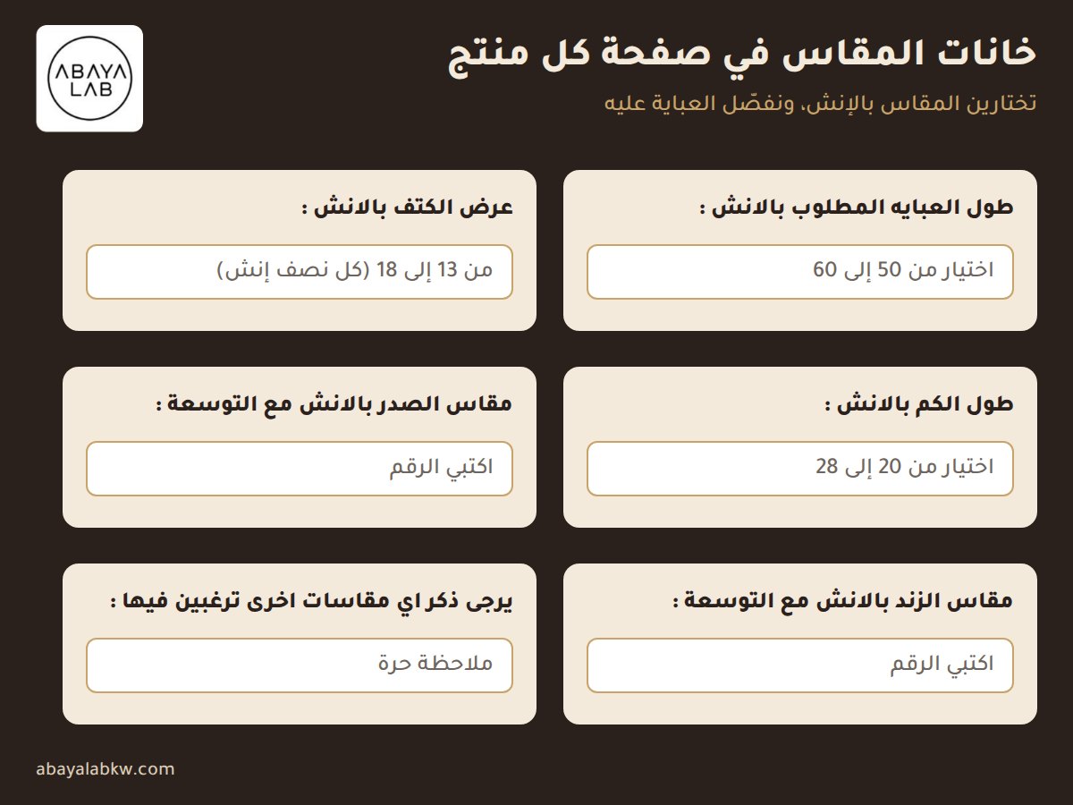 خانات مقاس العباية بالإنش في صفحة المنتج على موقع عباية لاب